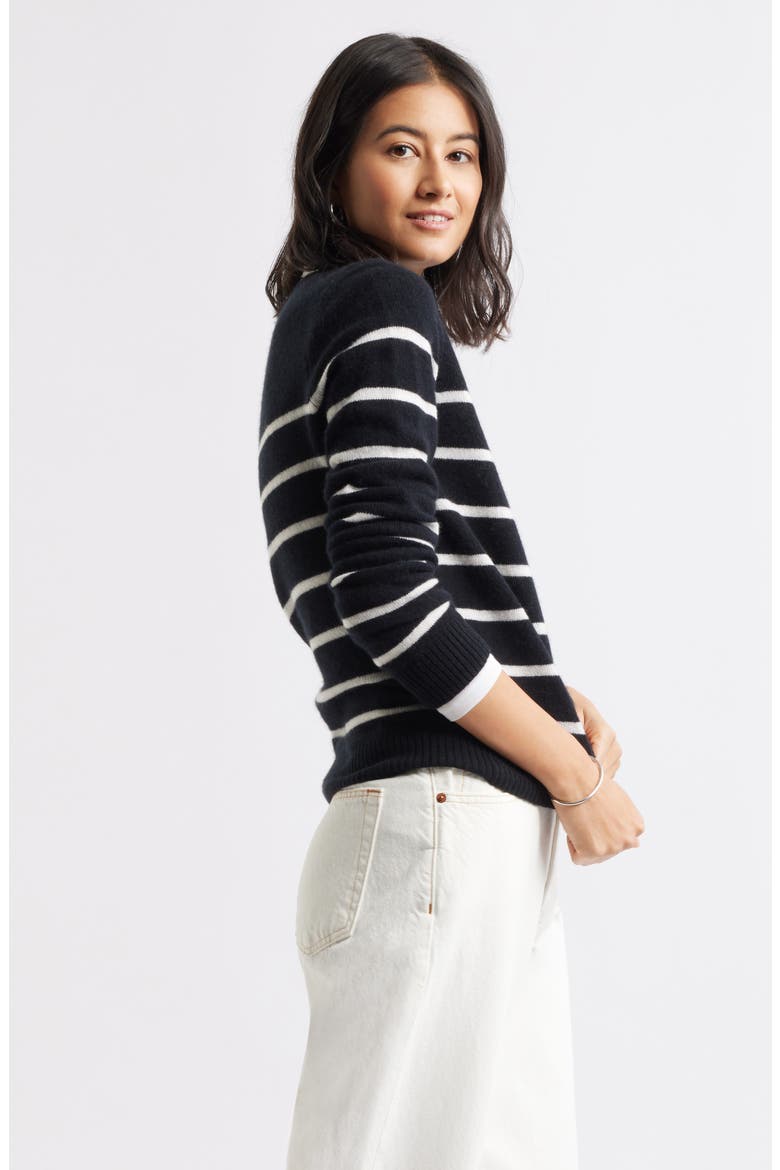 Cashmere Crewneck Sweater, Alternate, color, BLACK- IVORY STACY STRIPE
