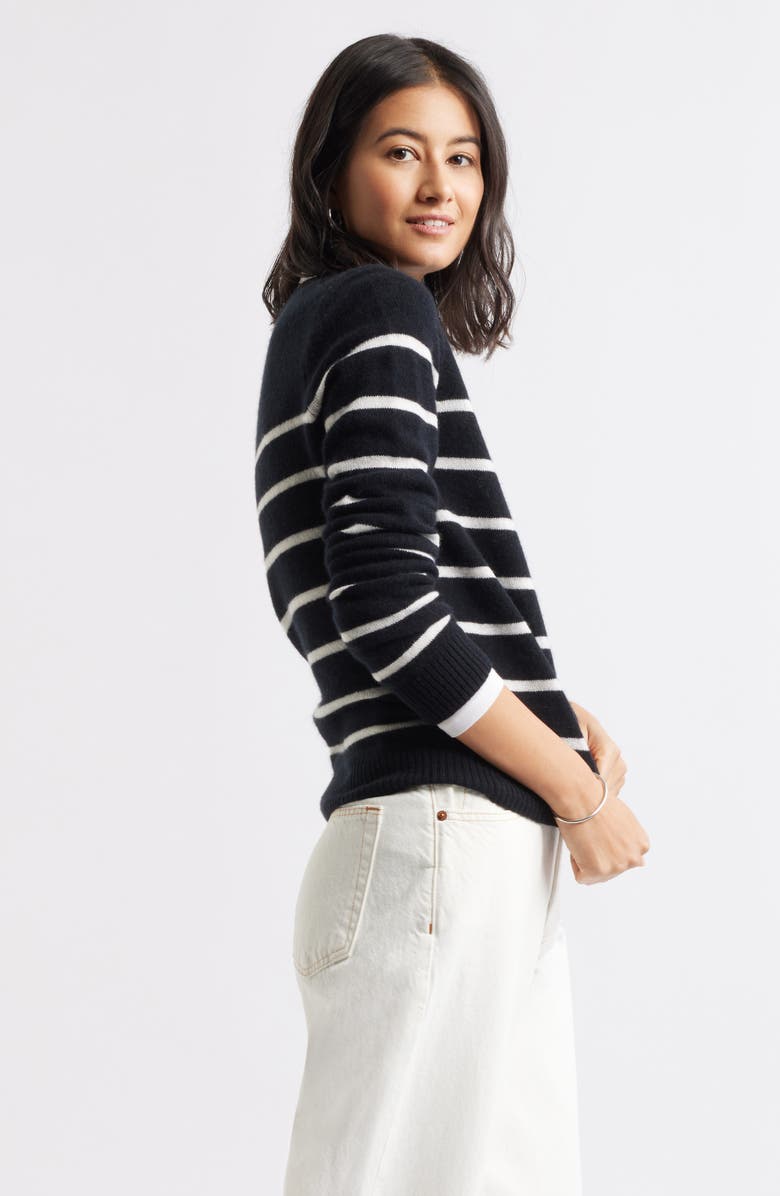 Caslon<sup>®</sup> Cashmere Crewneck Sweater, Alternate, color, Black- Ivory Stacy Stripe