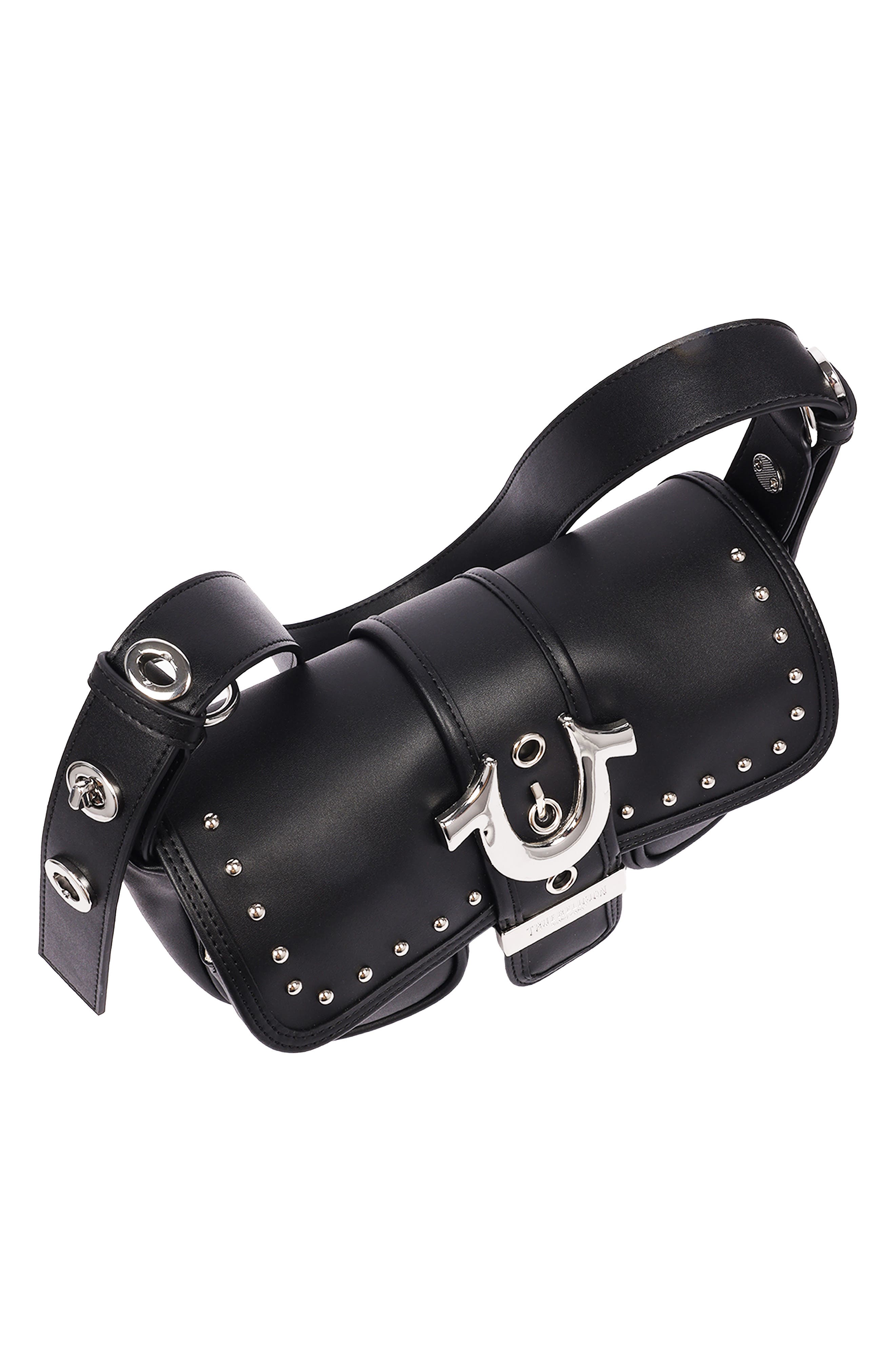Smooth Moto Studded Faux Leather Shoulder Bag, Alternate, color, BLACK