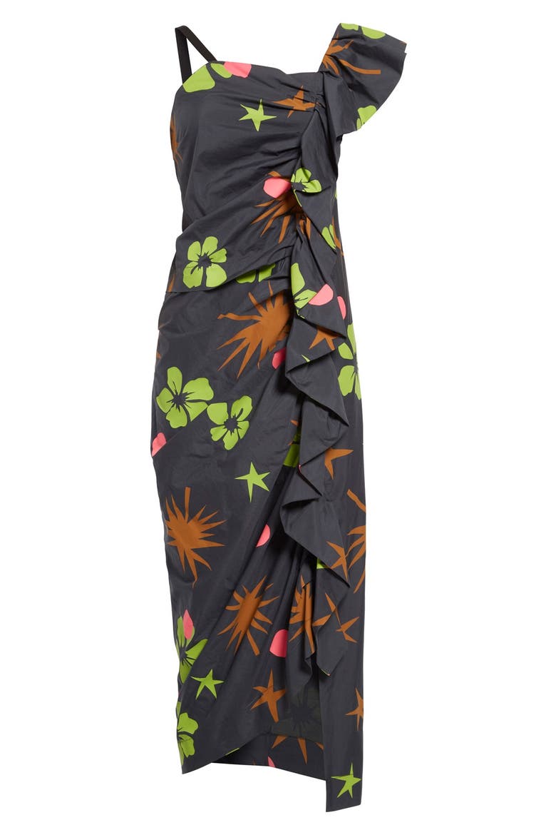 Long Ruched Ruffle Dress, Alternate, color, TROPICAL RAVE