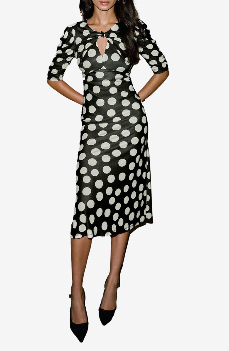 Lipsy Spot Keyhole Midi Dress, Main, color, Monochrome