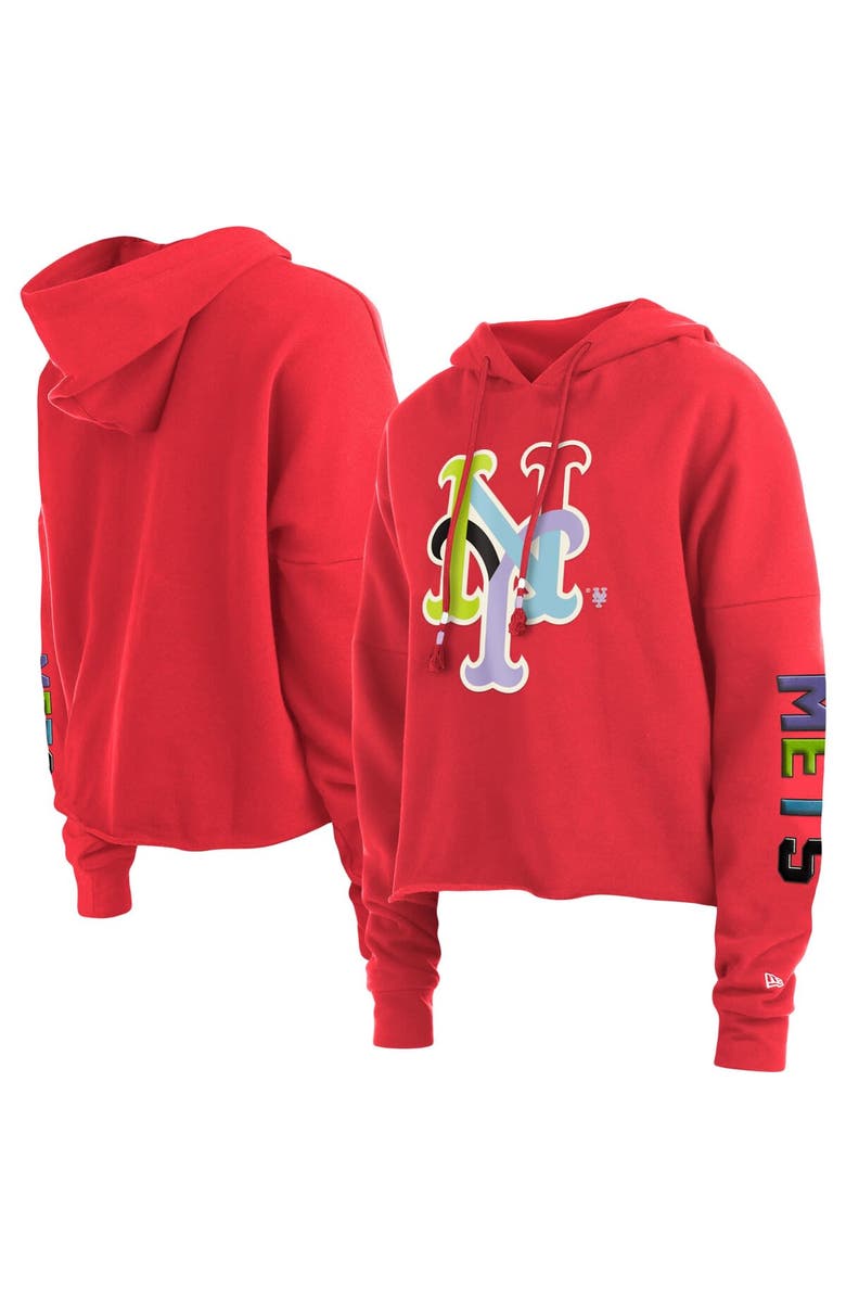 New Era Women's New Era Red New York Mets Fashion High Hip Pullover Hoodie, Main, color, Coral