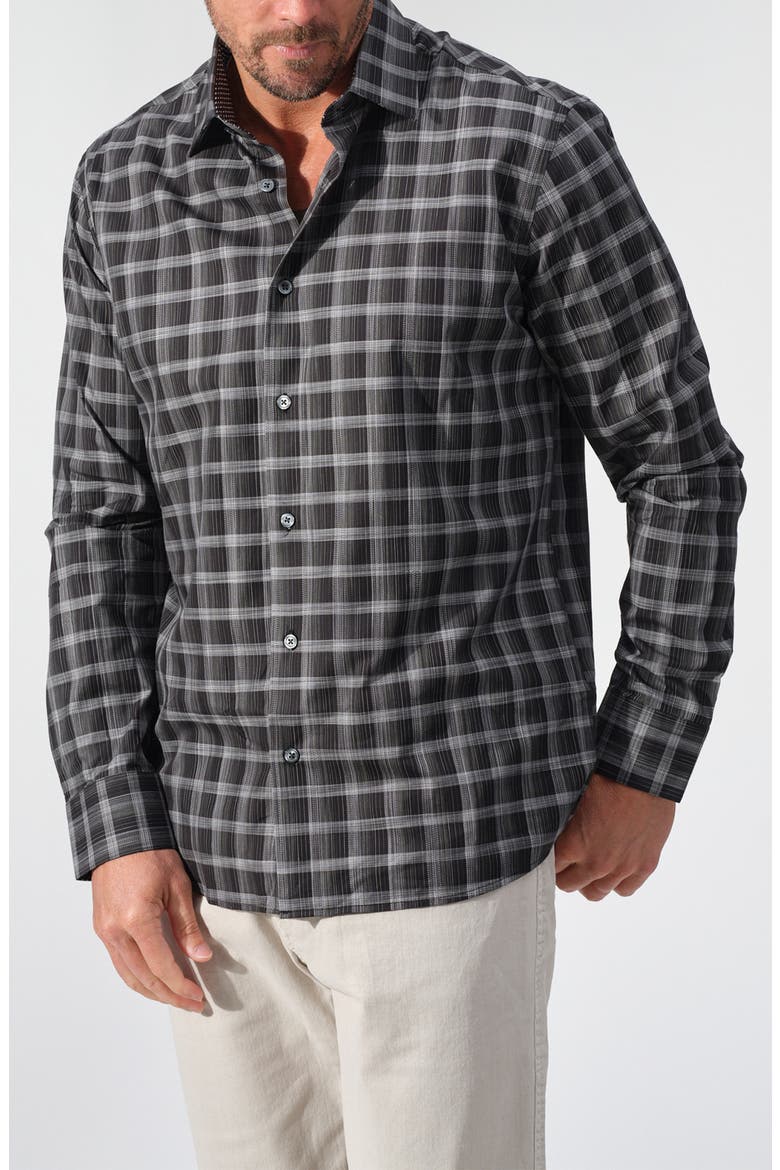 Space Dyed Plaid Button-Up Shirt, Main, color, BLACK