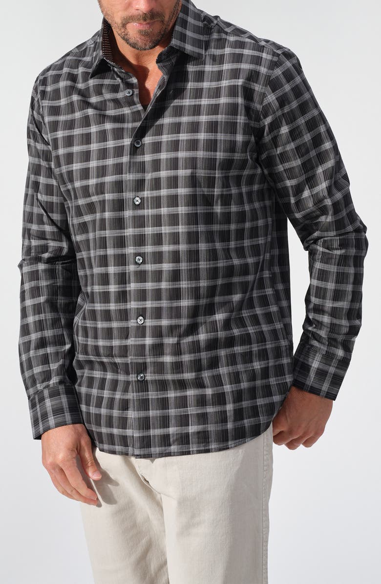 STUDIO GARNET LOS ANGELES Space Dyed Plaid Button-Up Shirt, Main, color, Black