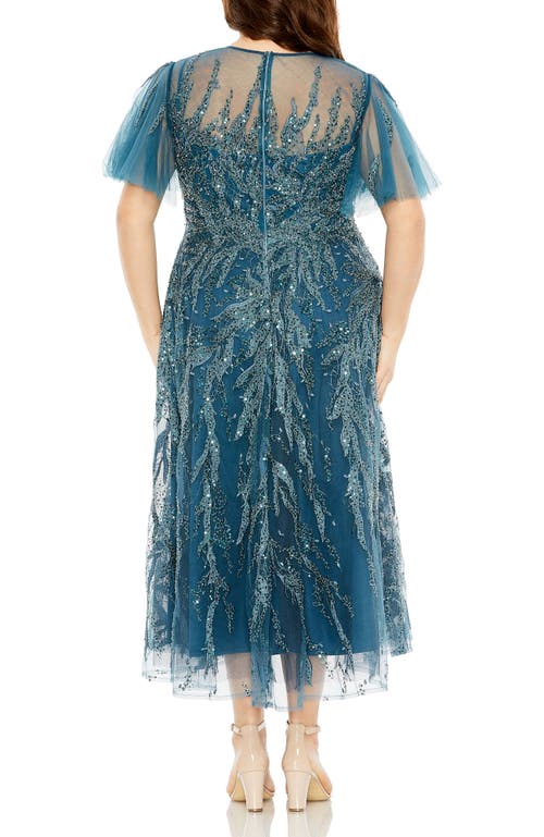 Mac Duggal High Neck Flutter Sleeve A Line Embellished Dress In Blue