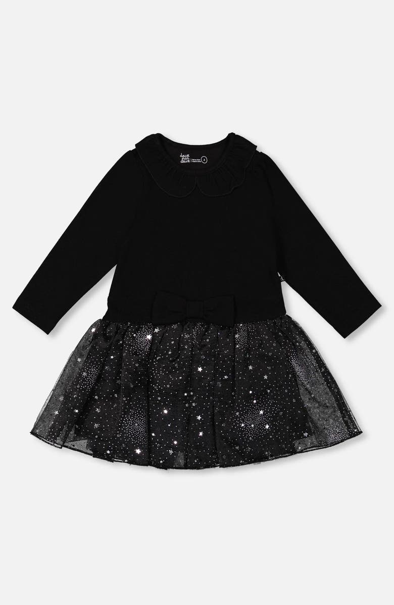 Deux par Deux Bi-Material Dress with Glittering Skirt, Main, color, Black