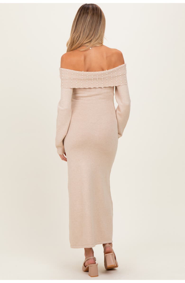 PinkBlush Faux Pearl Detail Off Shoulder Sweater Dress, Alternate, color, Beige