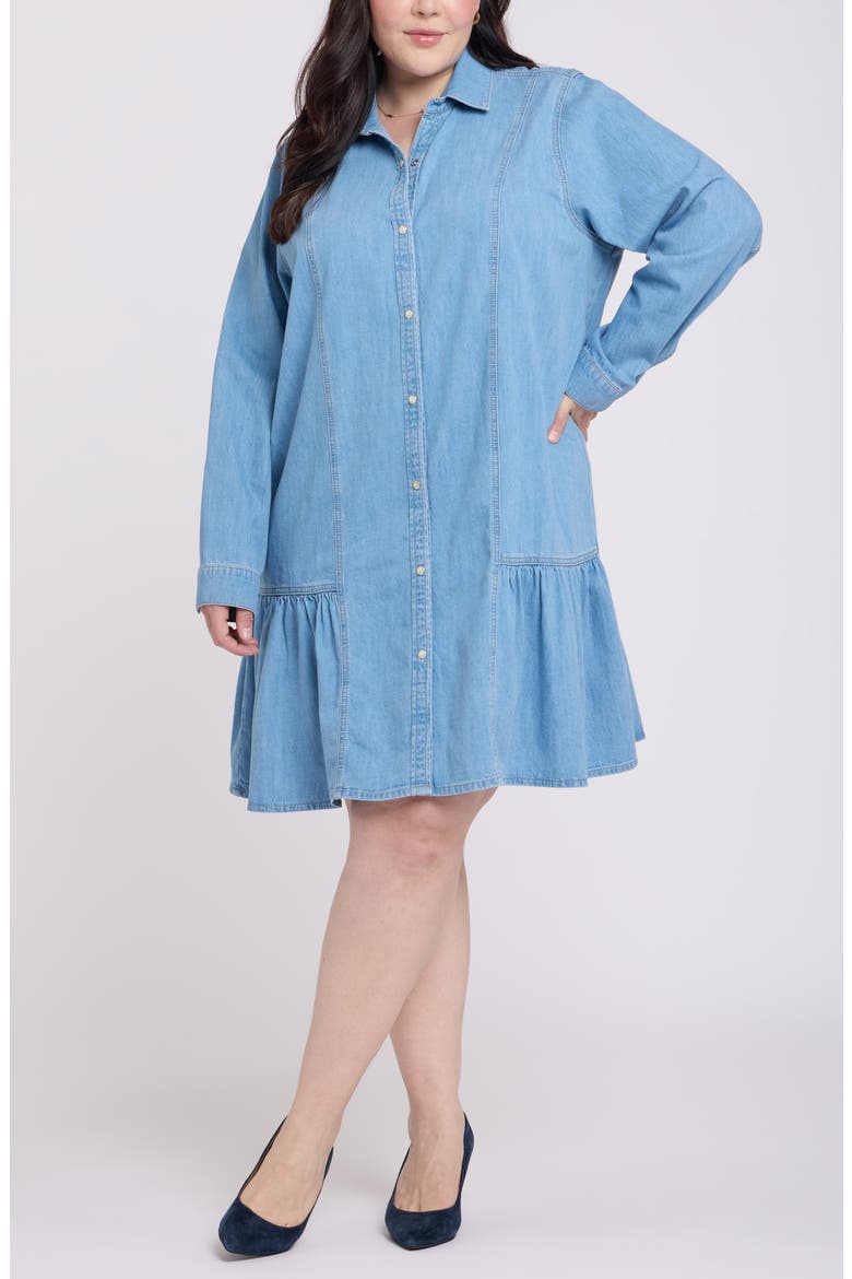 Ruffle Hem Long Sleeve Denim Shirtdress, Main, color, FADED BEAM
