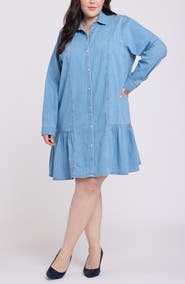 NYDJ Ruffle Hem Long Sleeve Denim Shirtdress