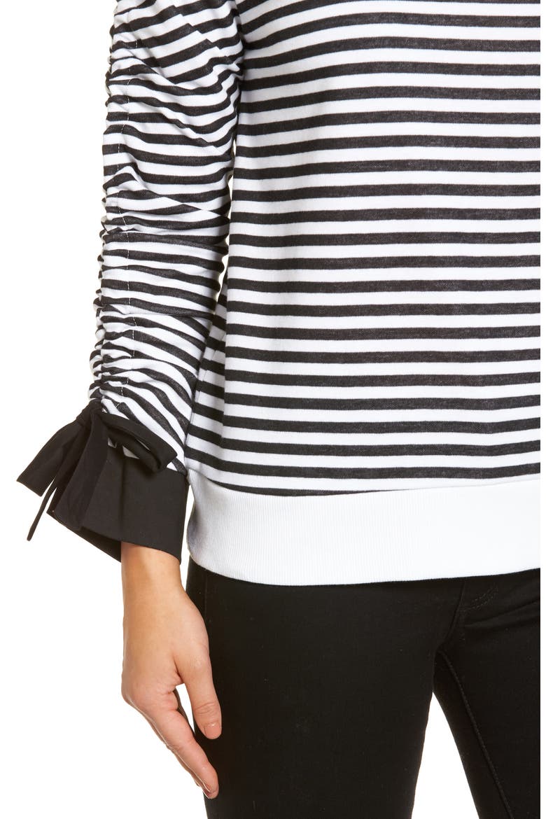 Ruched Sleeve Poplin Trim Sweatshirt, Alternate, color, BLACK- WHITE STRIPE