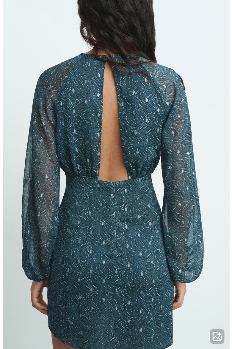 Cutout Long Sleeve Clip Dot Chiffon Dress, Alternate, color, PETROL BLUE