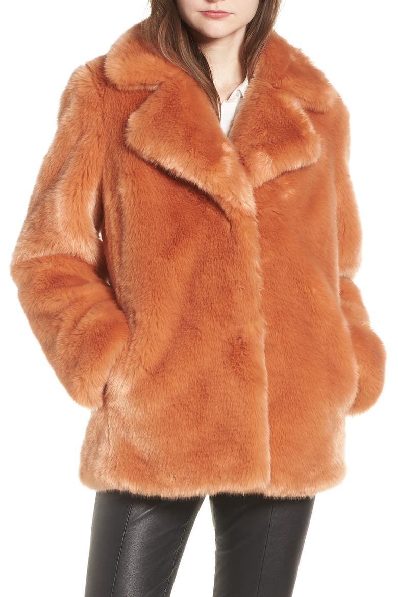 Notch Collar Faux Fur Coat, Main, color, FLAMINGO