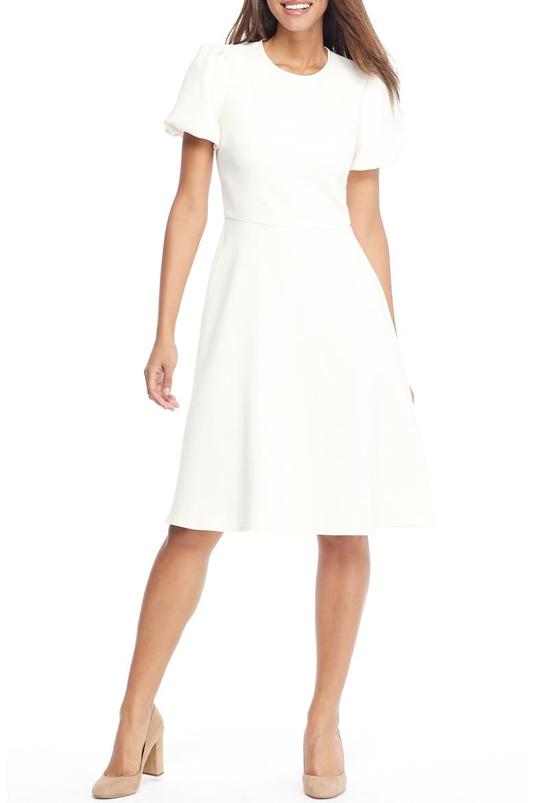 Krista Puff Sleeve Crepe Fit & Flare Dress (Nordstrom Exclusive), Alternate, color, CREAM