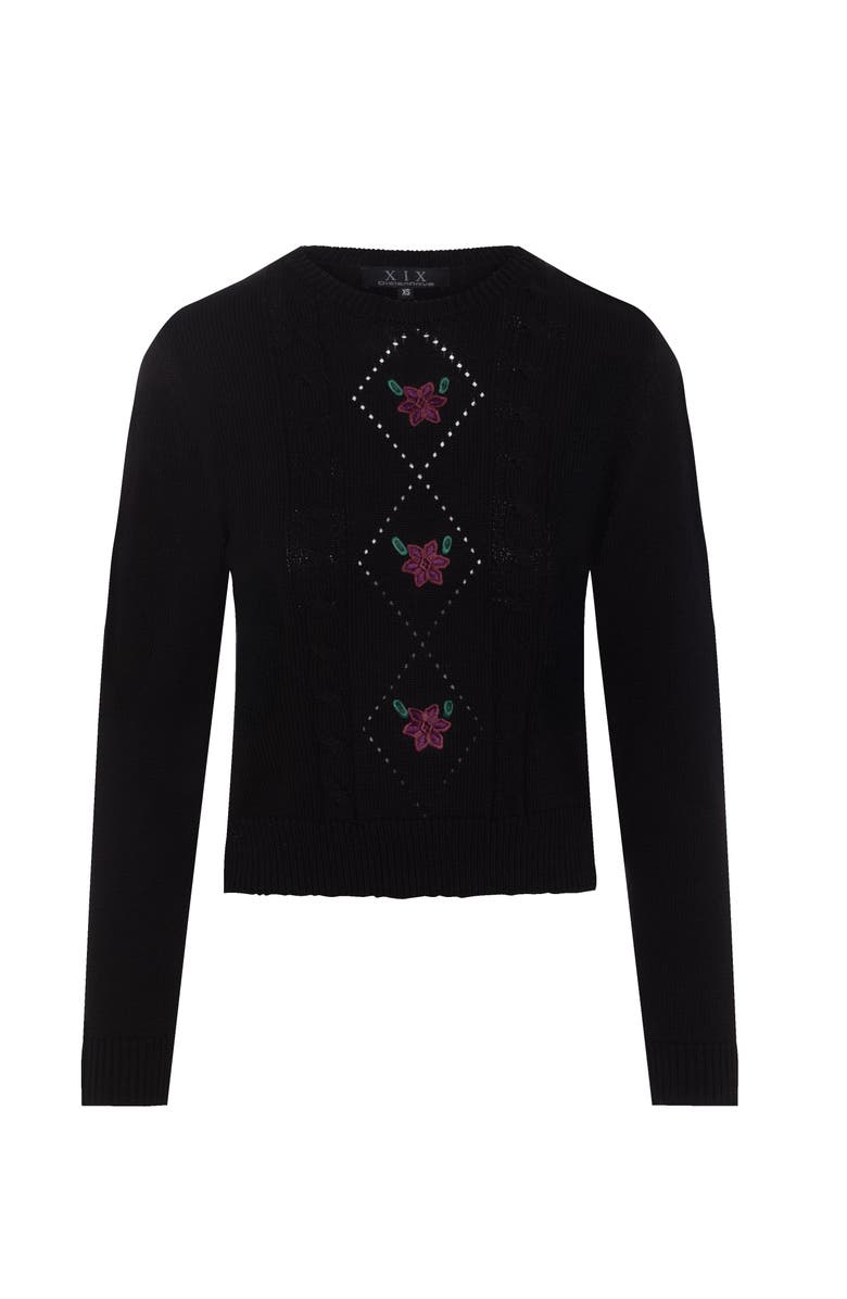 Diciannove Cable Knit Center Front Embroidered Cotton Sweater, Main, color, Black