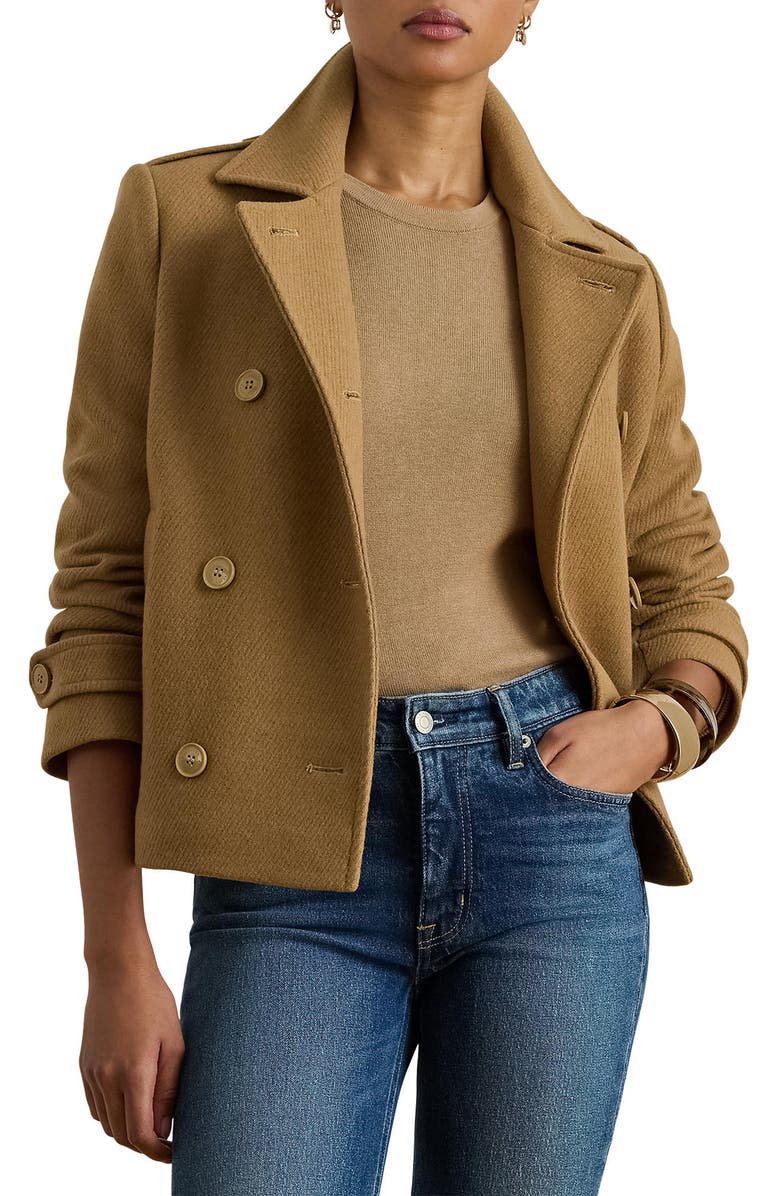 Lauren Ralph Lauren Double Breasted Wool Blend Twill Jacket, Main, color, Camel