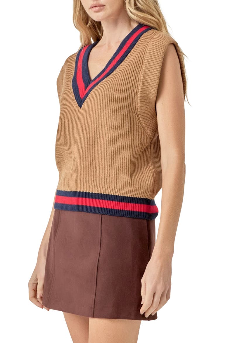 Tipped Rib Knit Sweater Vest, Alternate, color, CAMEL
