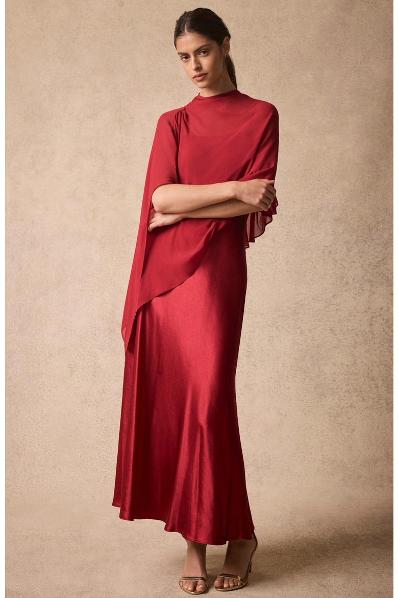 Satin Cape Detail Maxi Dress, Alternate, color, Red