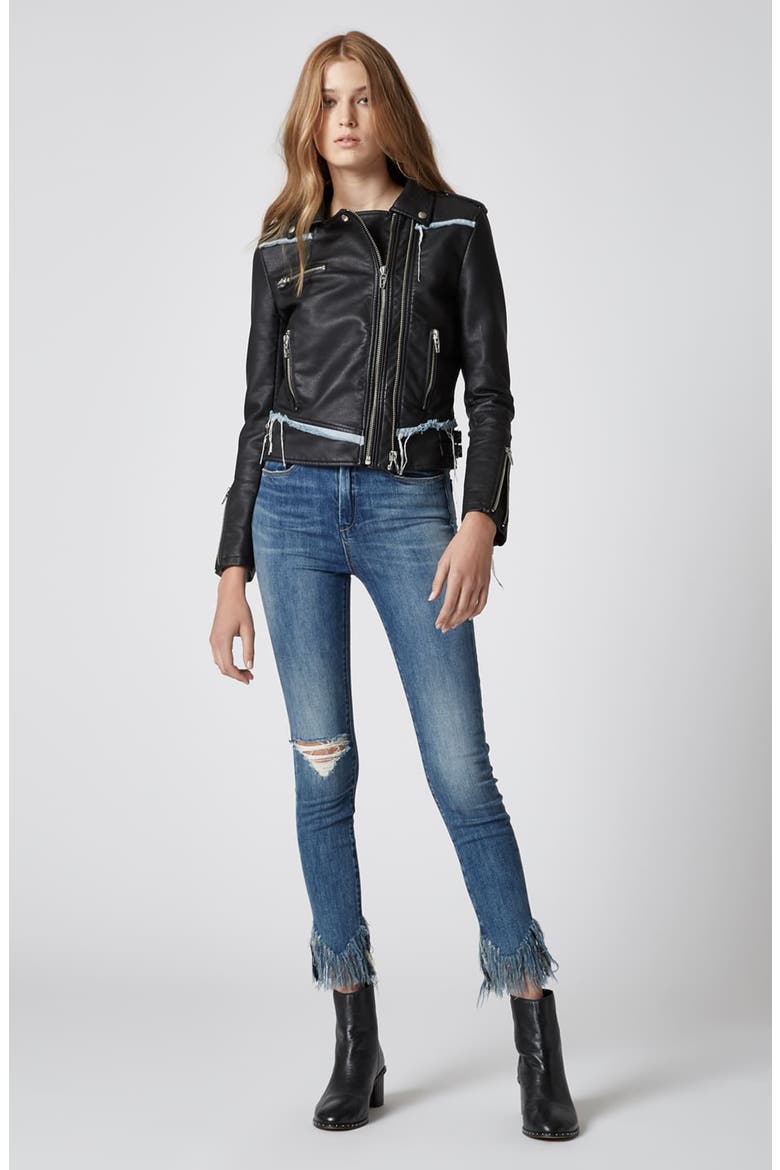 Thrasher Denim Trim Faux Leather Moto Jacket, Alternate, color, THRASHER