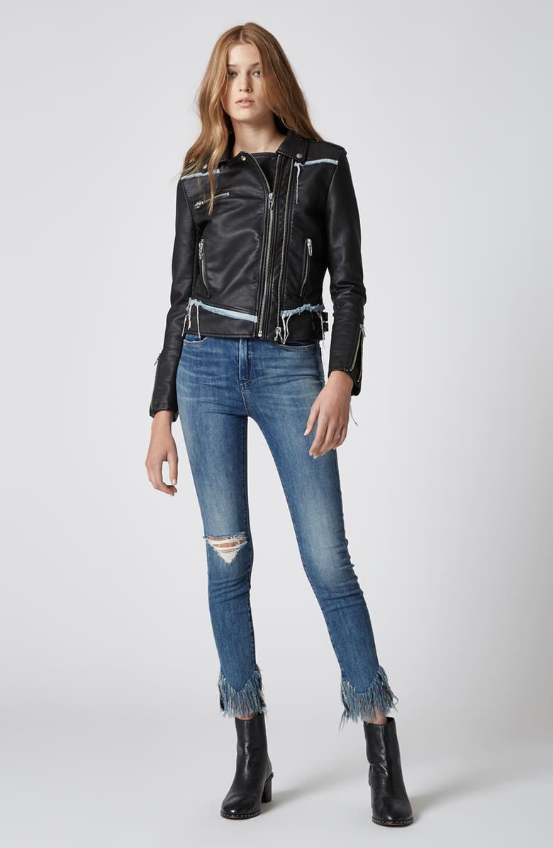 BLANKNYC Thrasher Denim Trim Faux Leather Moto Jacket, Alternate, color, 