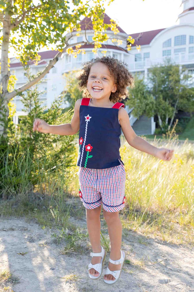 Plaid Seersucker Shorts With Ric Rac & Flowers, Alternate, color, Navy/White/Red