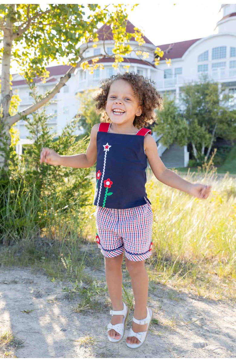 Florence Eiseman Plaid Seersucker Shorts With Ric Rac & Flowers, Alternate, color, Navy/White/Red