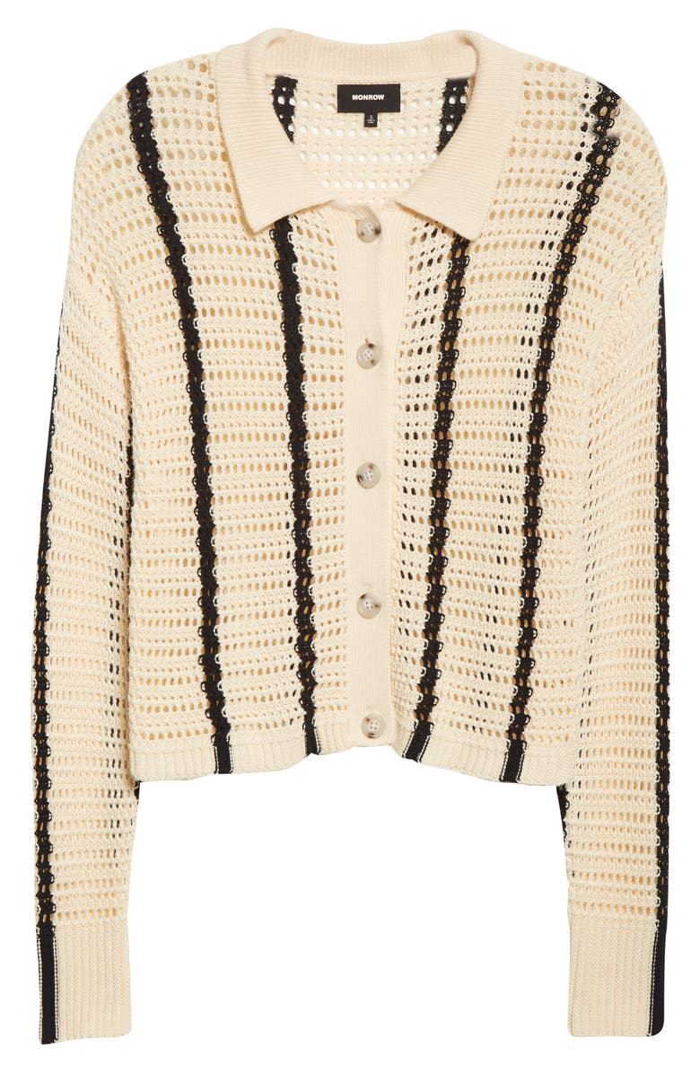Monrow Vertical Stripe Organic Cotton Crochet Cardigan, Alternate, color, 