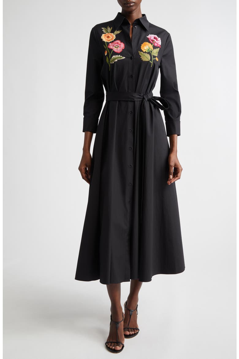Poppy Embroidered Belted Stretch Poplin Shirtdress, Main, color, BLACK MULTI