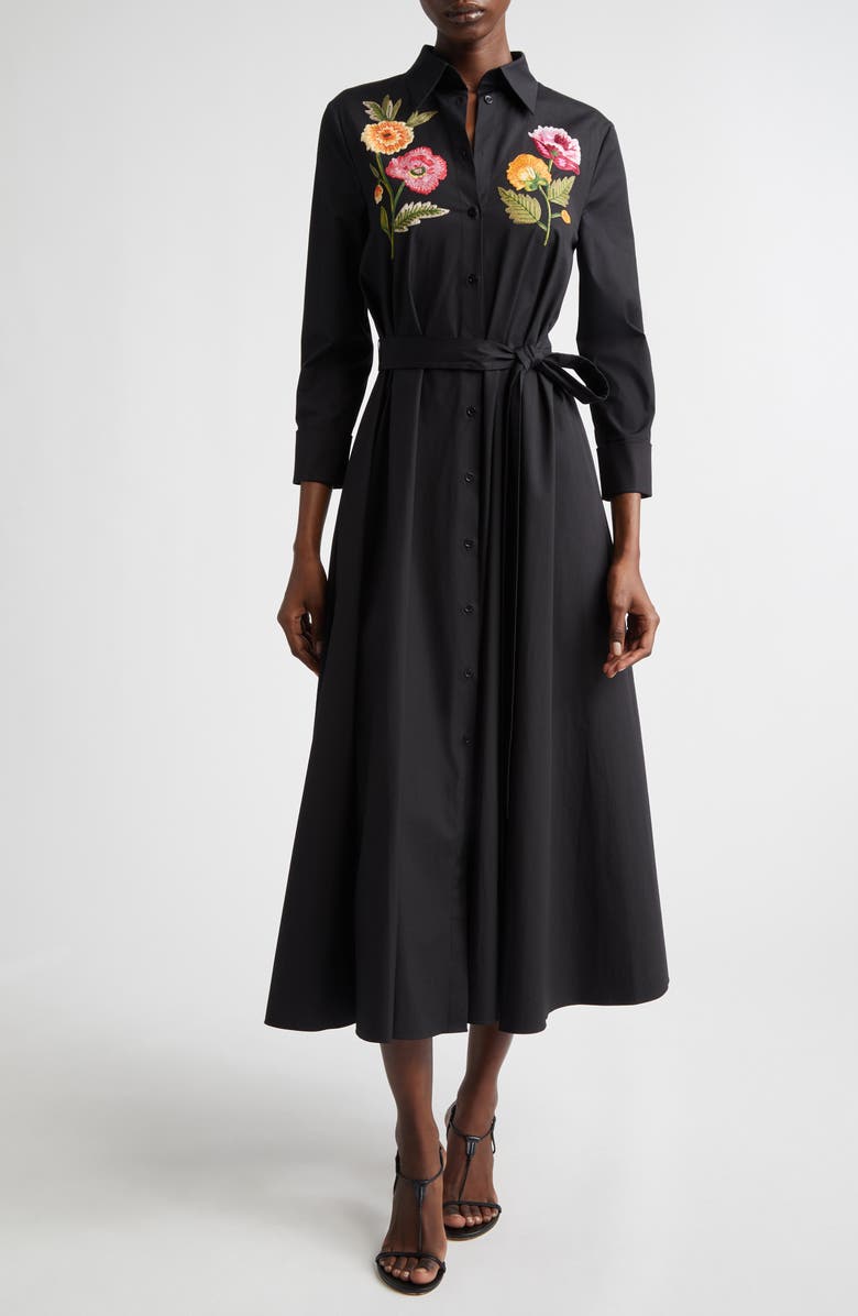 Carolina Herrera Poppy Embroidered Belted Stretch Poplin Shirtdress, Main, color, Black Multi