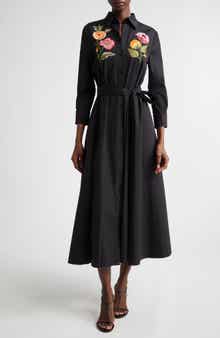 Poppy Embroidered Belted Stretch Poplin Shirtdress