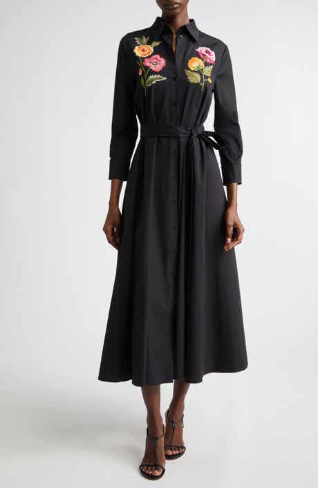 Poppy Embroidered Belted Stretch Poplin Shirtdress