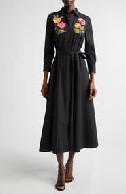 Carolina Herrera Poppy Embroidered Belted Stretch Poplin Shirtdress