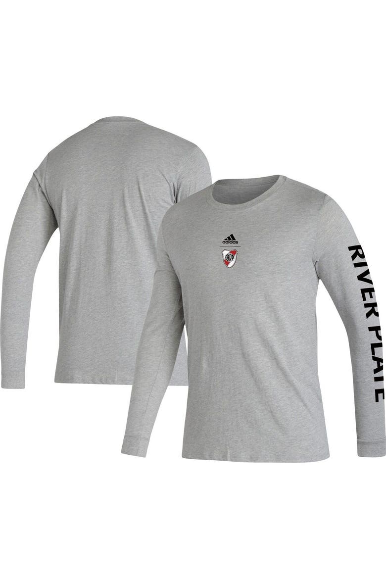 Men's adidas Heathered Gray Club Atlético River Plate Crest Long Sleeve T-Shirt, Alternate, color, Heather Gray