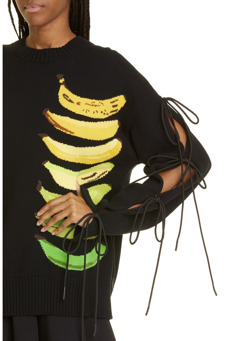 Banana Intarsia Tie Sleeve Cotton Sweater, Alternate, color, BLACK