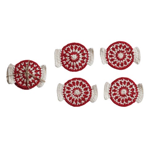 4-Piece Crocheted Candy Shaped Coasters, Tied with Jute, Red and Natural