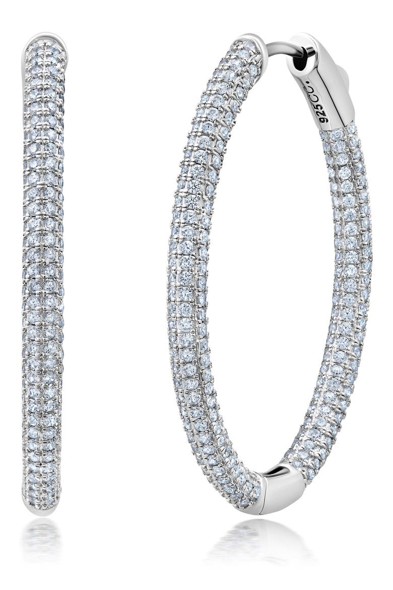 Pavé Cubic Zirconia Medium Hoop Earrings, Main, color, SILVER