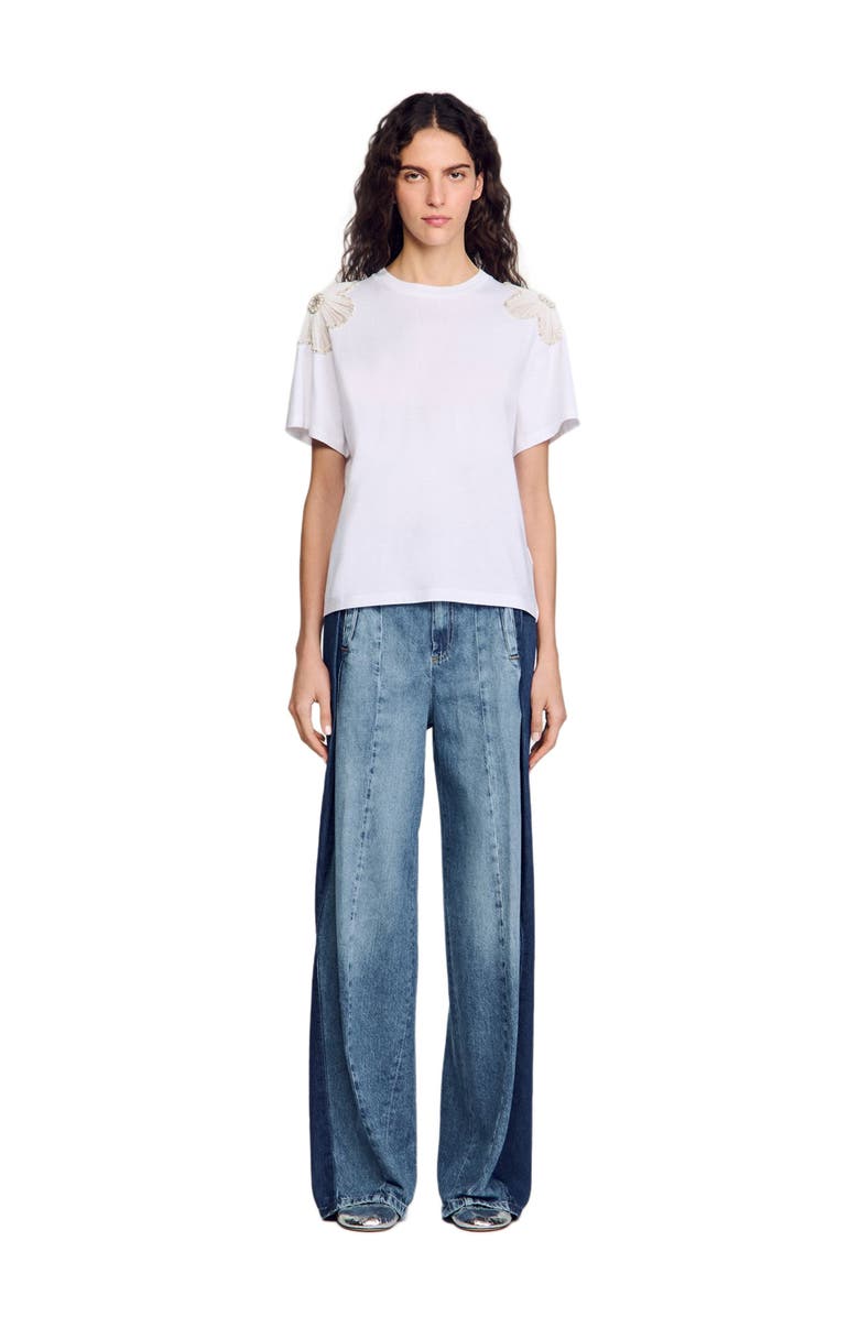 SANDRO T-shirt with embroidered flowers, Main, color, 