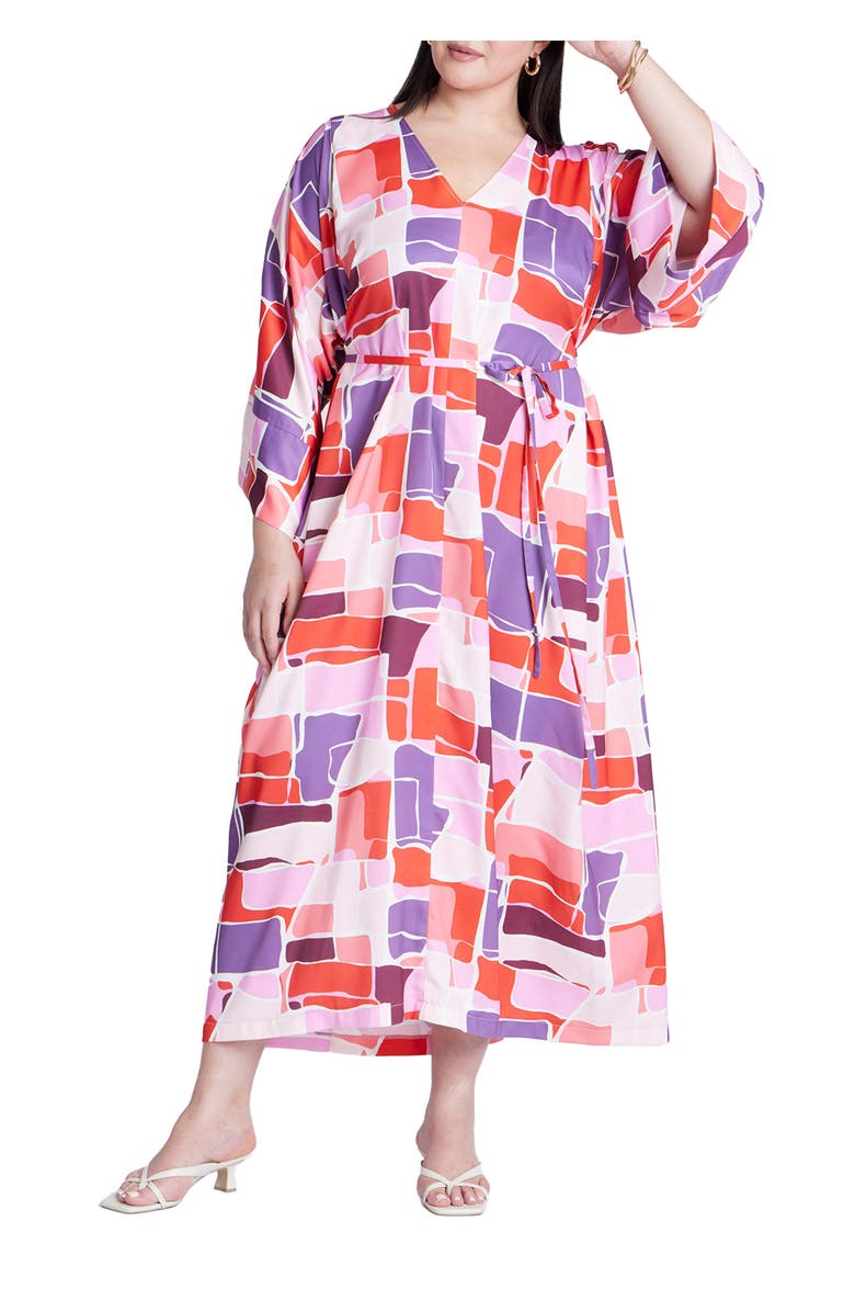 ELOQUII Printed Kimono Dress With Tie, Main, color, Gaia Tile