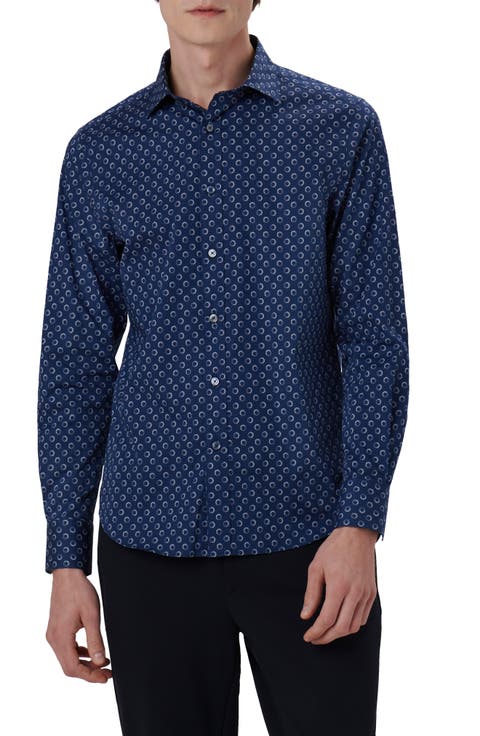 Axel Shaped Fit Geometric Print Stretch Cotton Button-Up Shirt