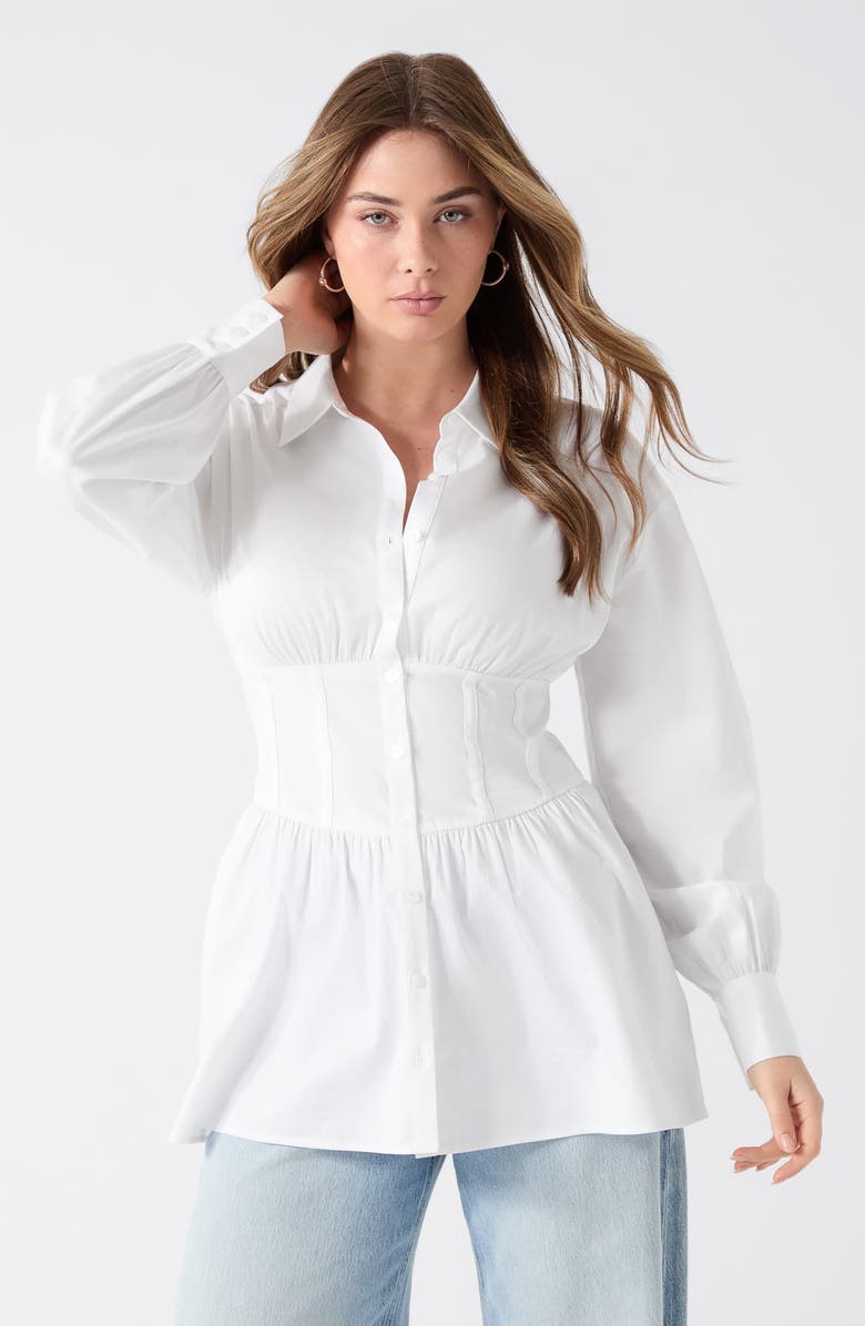 GUESS Lori Corset Stretch Cotton Button-Up Shirt, Alternate, color, White