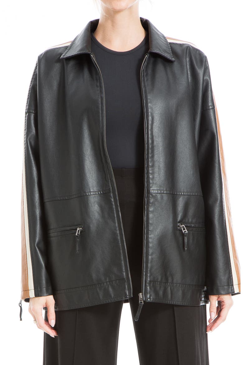 Racer Stripe Faux Leather Jacket, Main, color, BLACK VICUNA CREAM