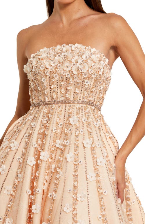 Mac Duggal Embellished Lace Strapless Midi A Line Dress In Champagne