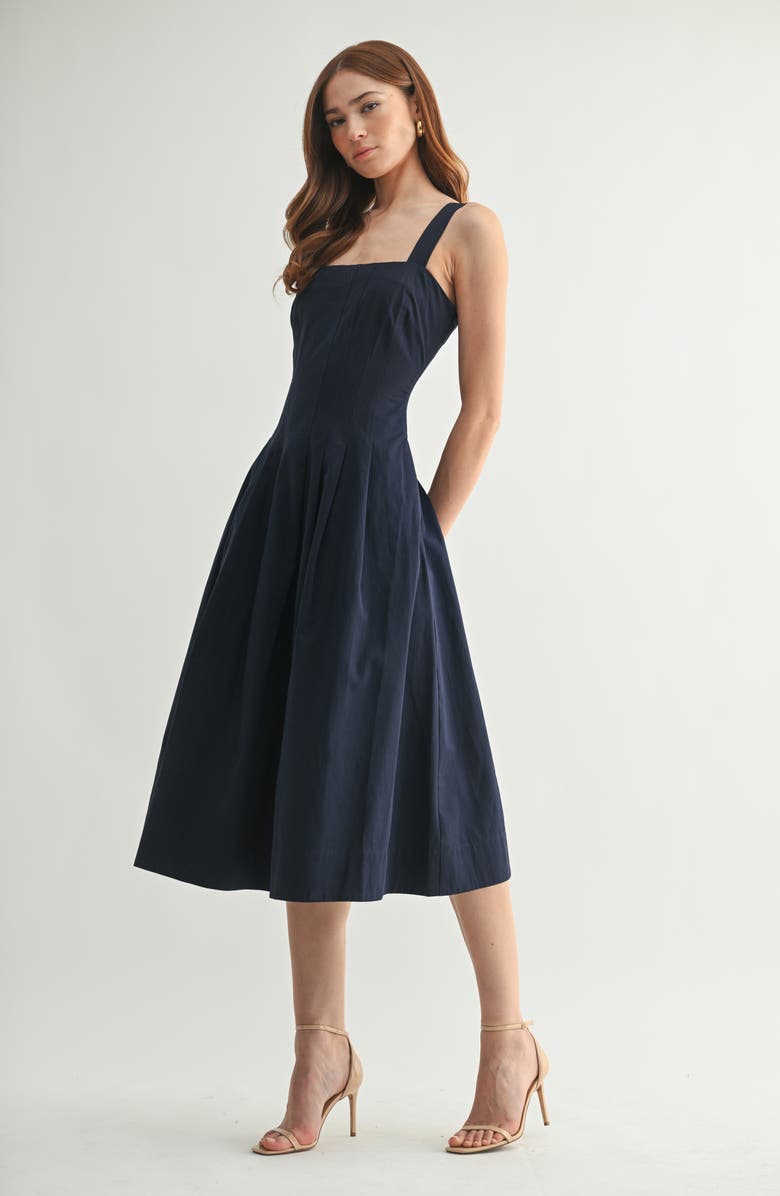 Mila Mae Pleated Cotton Midi Dress, Alternate, color, Navy