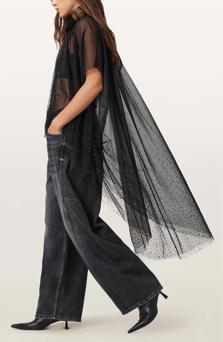 AllSaints Sez Embellished Sheer Tulle Cape, Alternate, color, Black
