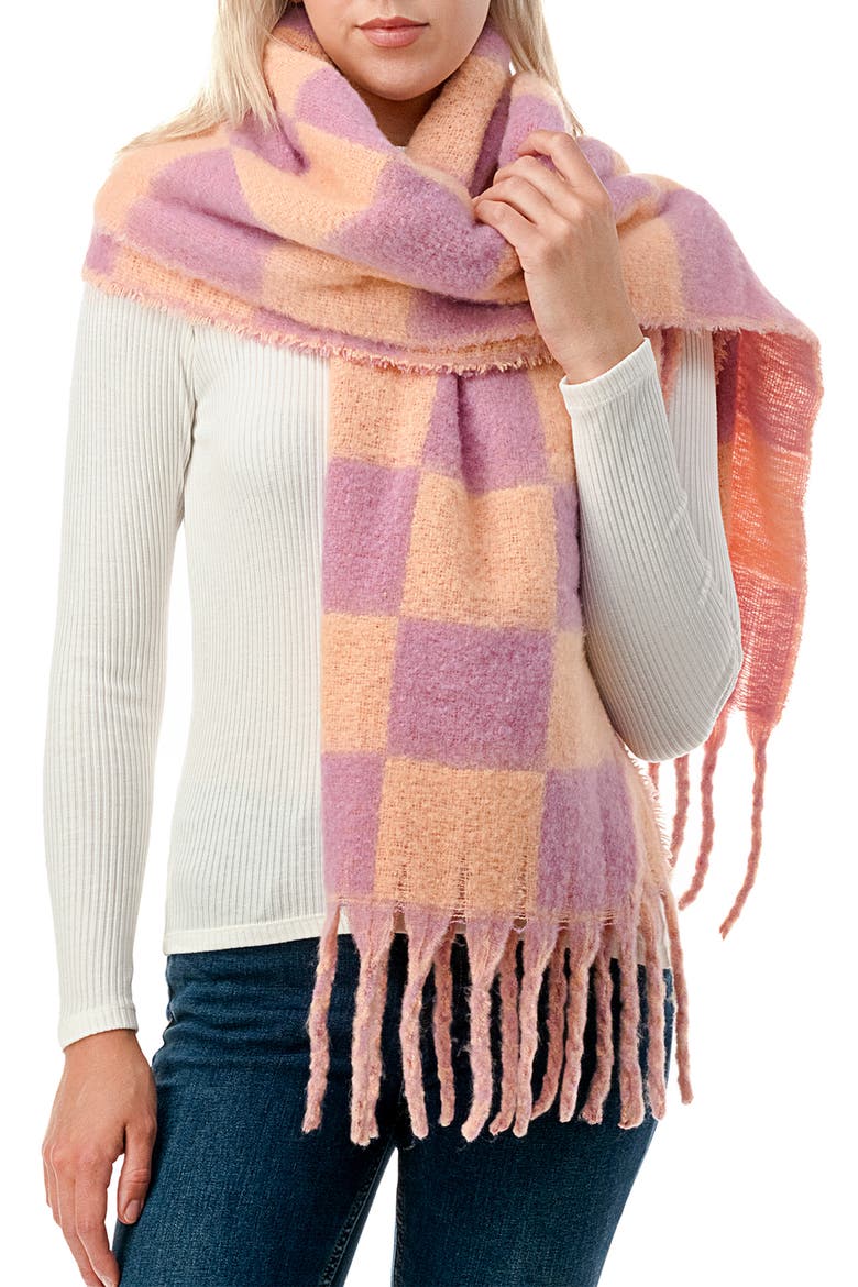Chunky Check Fringe Scarf, Main, color, PEACH