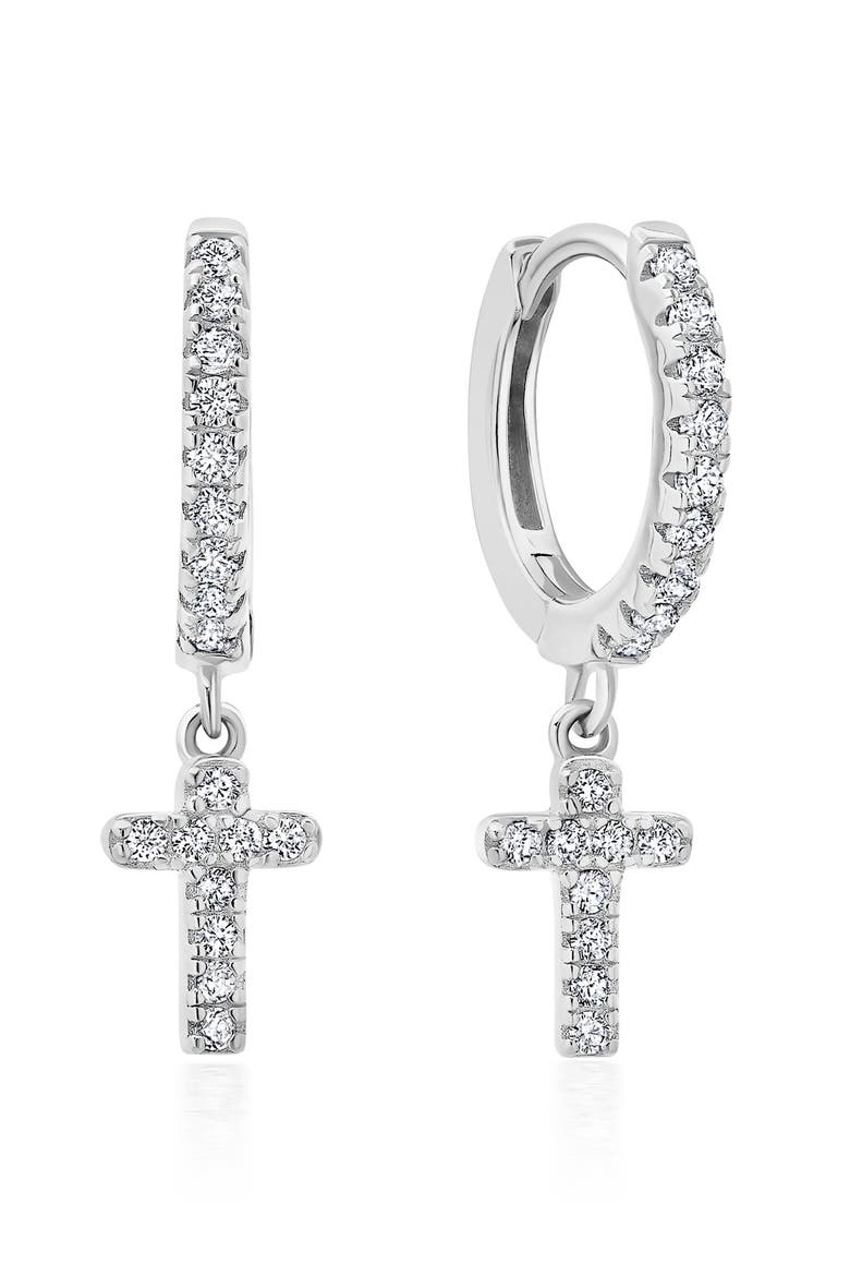 Pavé Cross Huggie Hoop Earrings, Main, color, PURE PLATINUM/ CLEAR STONE