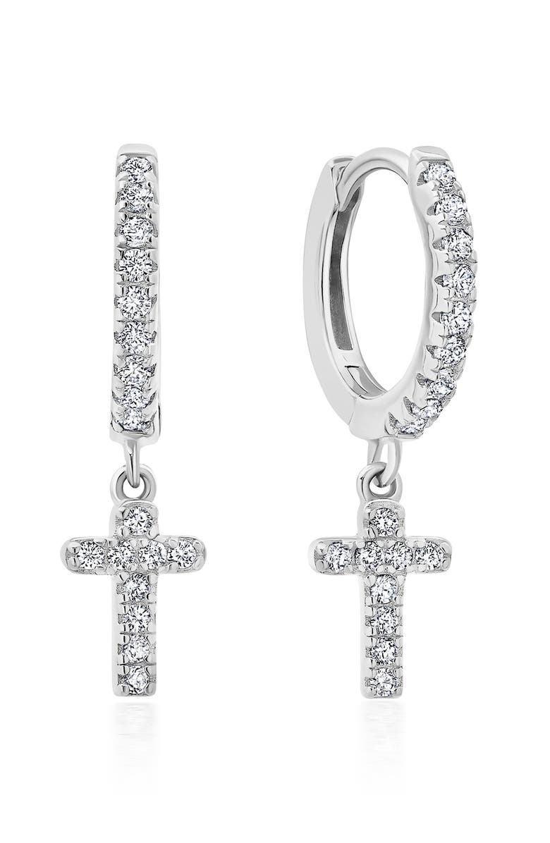 Crislu Pavé Cross Huggie Hoop Earrings, Main, color, Pure Platinum/ Clear Stone
