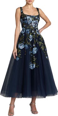 Mac Duggal Square Neck Embroidered A-Line Midi Dress
