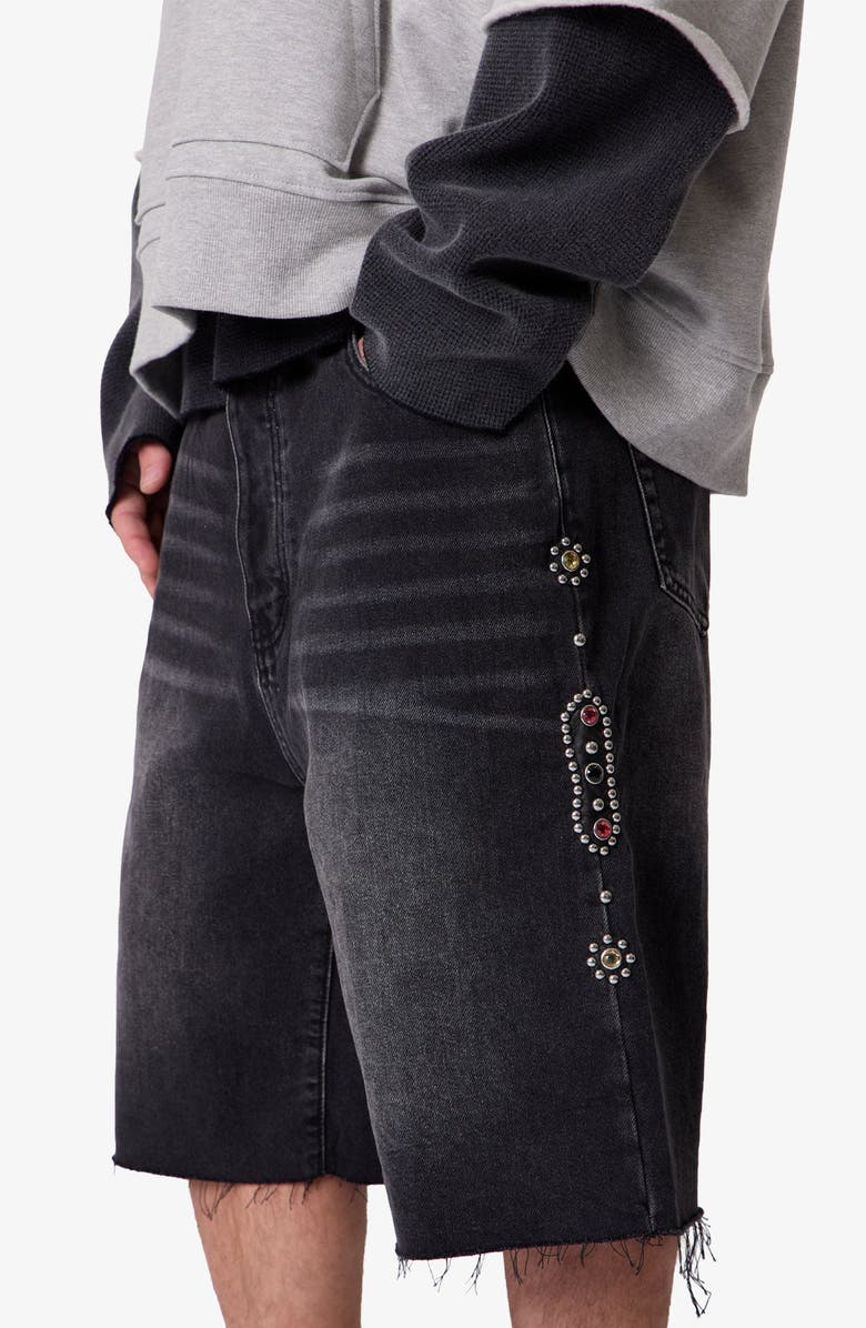 mnml Baggy Mojave Embellished Cutoff Denim Shorts, Alternate, color, 