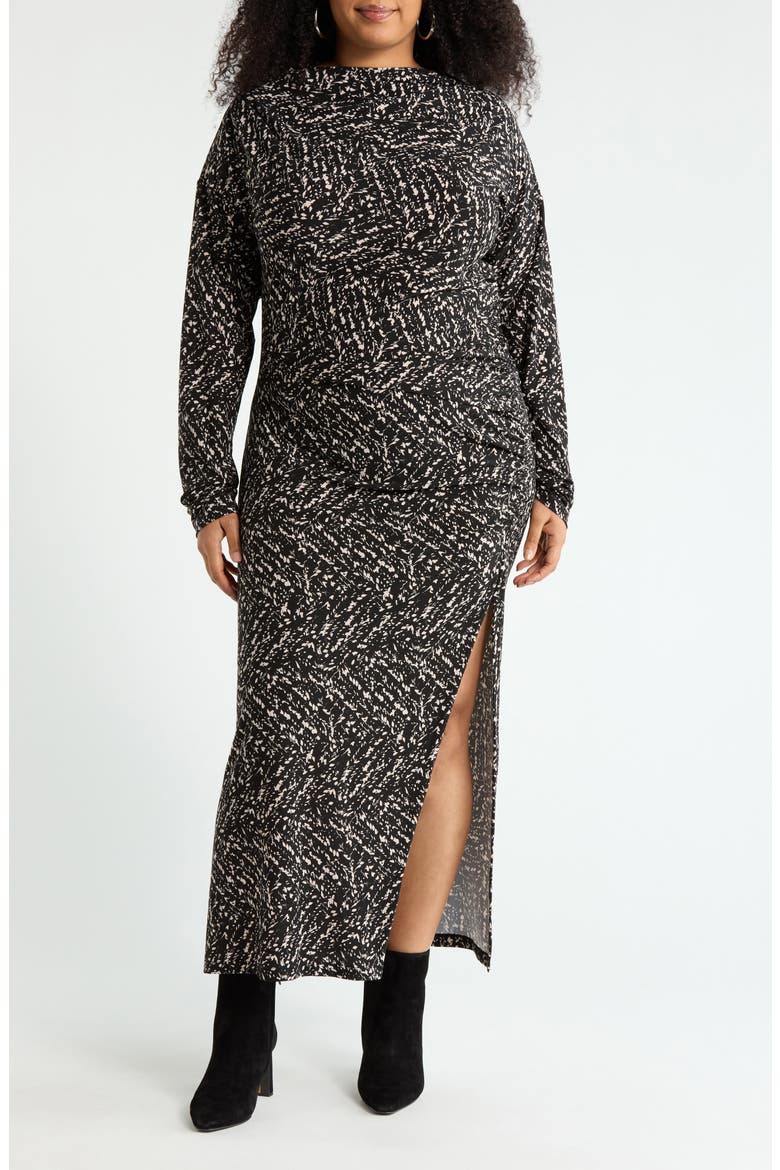 Long Sleeve Ruched Midi Dress, Main, color, BLACK/ IVORY