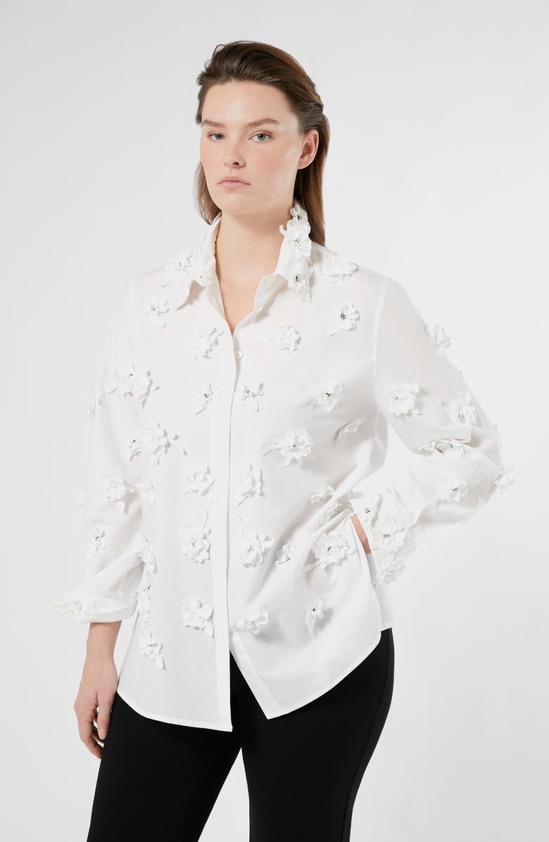 Marina Rinaldi Fidato Crystal Flower Button-Up Shirt, Alternate, color, Optical White